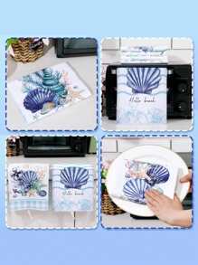 2/4pcs 15.7*23.6INCH Christmas Ocean Theme Kitchen Towels, Beach Turtle Ocean Animal Hand Washing Dish Towels, Blue Shell Starfish Housewarming Gift Kitchen Cooking Decoration, Reusable,Fall Decor,Autumn Decor,Room Decor