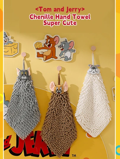 Tom And Jerry Chenille Hand Towel, Quick-Drying Super Absorbent Cute Cartoon Design For Kids & Adults, Soft Plush Material For Bathroom Kitchen Use, Ideal Gift For Cartoon Fans & Home Decor Enthusiasts, Perfect For Daily Cleaning & Hand Drying, Enhance Your Bathroom Experience With Fun & Functional Accessories