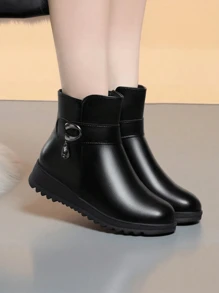 秋冬保暖内衬短靴，防滑妈妈鞋平跟中筒保暖黑色靴子