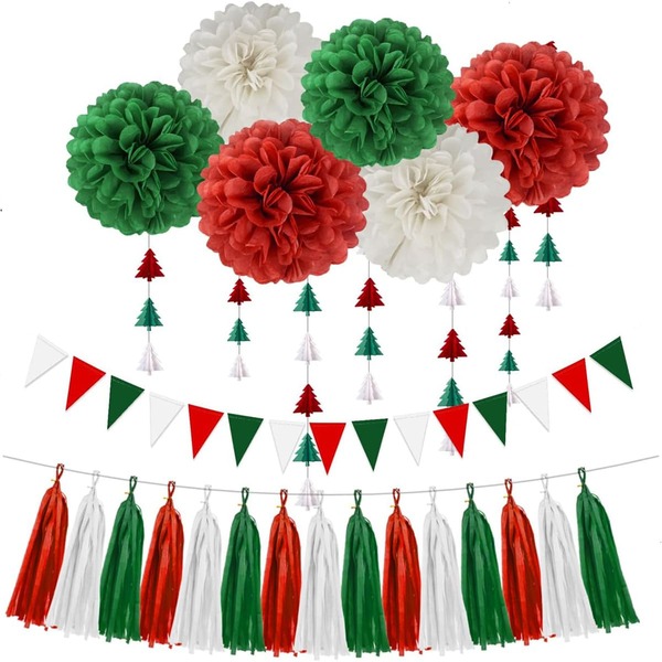 23 pièces de décorations de Noël rouges, blanches et vertes - fleurs en papier, pompons, glands, couronnes, guirlande d'arbre de Noël 3D, banderoles en papier, décoration de fête d'anniversaire, décoration d'intérieur et d'extérieur à suspendre