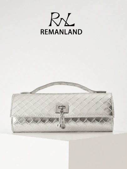 REMANLAND 奢华女士手提包，银色编织 PU 皮革手拿包，金色旋锁晚宴包，带顶部提手，派对婚礼手提包，女士晚宴包，派对女孩晚宴包，女士派对、婚礼、舞会、晚宴/宴会的完美选择，送给女士的最佳礼物