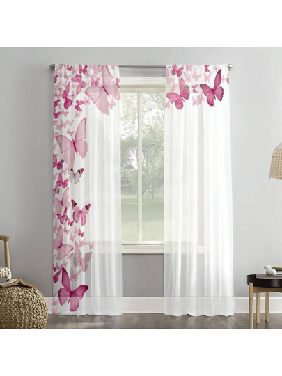 Set de 2 cortinas con estampado de mariposa rosa de estilo glamoroso, impresión digital de alta definición, de poliéster ligero, lavable a máquina, con bolsillo para barra, decorativas de opacidad clara para sala de estar, dormitorio, estudio, tema artístico, sin forro, 100-120 g/m²