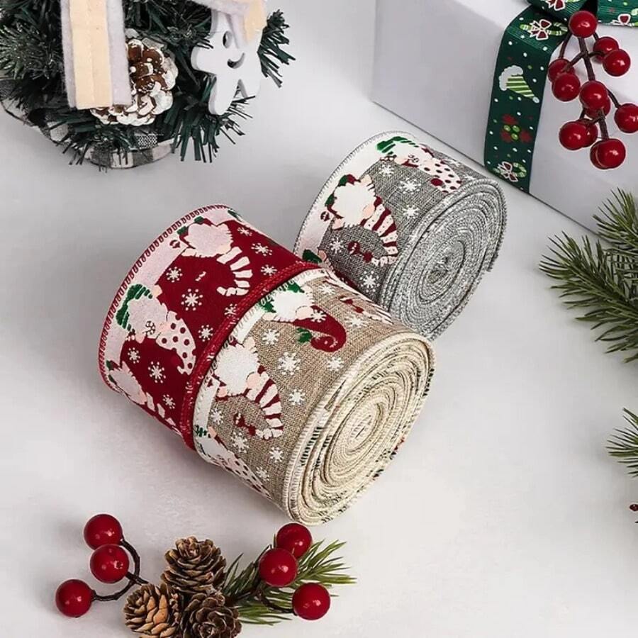 1pc New Santa Claus Head Woven Ribbon, Faux Linen Satin Ribbon, Edged Christmas Tree Decor Bow Pendant - Multicolor - View 1
