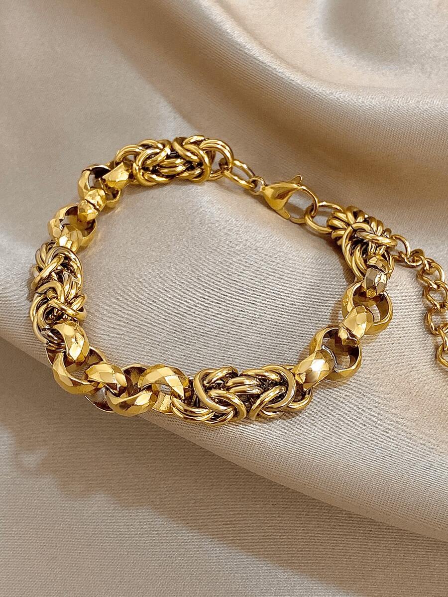 2pcs/1pc Vintage Interwoven Textured Link Design Chunky Chain Bracelet For Women - 18K Gold Plated Stainless Steel, Mom Gift Christmas Thanksgiving Halloween Wedding Rave/Prom/Party/Daily Accessories Gift For Anniversary Valentine's Day Boho Jewelry Birthday Bridesmaid Gifts - Multicolor - View 1