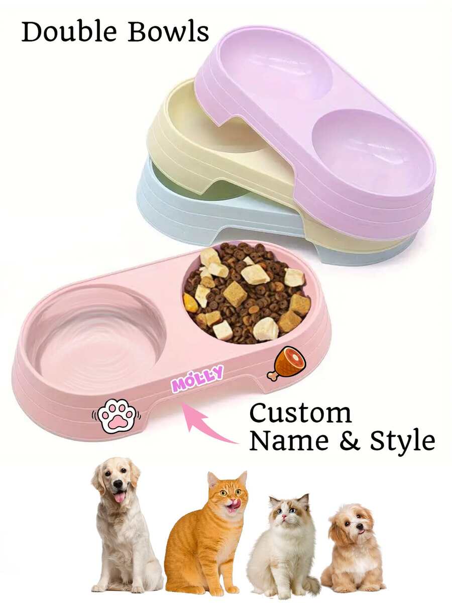 1 pièce Bol à nourriture double usage personnalisé pour chat et chien, peut imprimer un nom, distributeur de nourriture 2-en-1 pour animaux de compagnie, facile à nettoyer, en matière plastique, convient pour la nourriture et l'eau des chats et des chiens, adapté aux chiots, aux chiens de taille moyenne et aux chats, cadeau personnalisé pour chien, cadeau pour chiots, cadeau pour animaux de compagnie, cadeau pour propriétaire de chien, décoratif à la mode, coloré, rétro, mignon, minimaliste, cadeau pour animaux de compagnie personnalisé, unique, convient pour les anniversaires, les fêtes et autres occasions