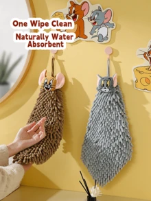 Tom and Jerry Chenille Hand Towel, Quick-Drying Super Absorbent Cute Cartoon Design for Kids & Adults, Soft Plush Material for Bathroom Kitchen Use, Ideal Gift for Cartoon Fans & Home Decor Enthusias with Fathect for Daily Cleaning & Hand Drying, Enhance Your Bathroom