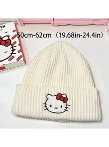 3pcs Sanrio Hello Kitty Knitted Beanie Hat, Cute Embroidered Warm Headwear For Autumn/Winter