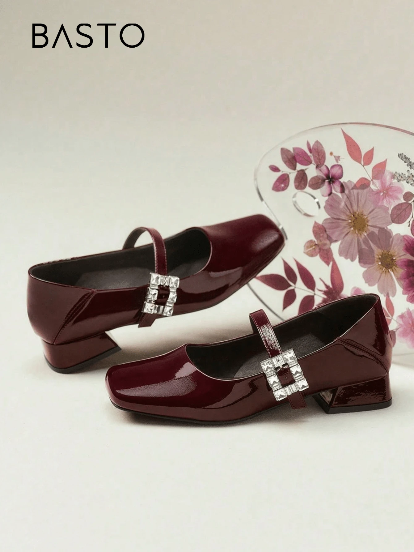BASTO Red Mary Jane Shoes, Minimalist French Square Toe, Rhinestone Square Buckle, Chunky Heel, Low Vamp Flats For Women, Suitable For Daily, Commute, Office, Party, Date, Valentine's Day - Burgundy - View 1