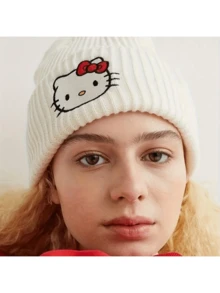 3pcs Sanrio Hello Kitty Knitted Beanie Hat, Cute Embroidered Warm Headwear For Autumn/Winter