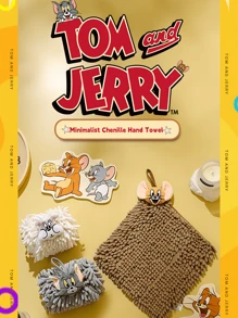 Tom and Jerry Chenille Hand Towel, Quick-Drying Super Absorbent Cute Cartoon Design for Kids & Adults, Soft Plush Material for Bathroom Kitchen Use, Ideal Gift for Cartoon Fans & Home Decor Enthusias with Fathect for Daily Cleaning & Hand Drying, Enhance Your Bathroom