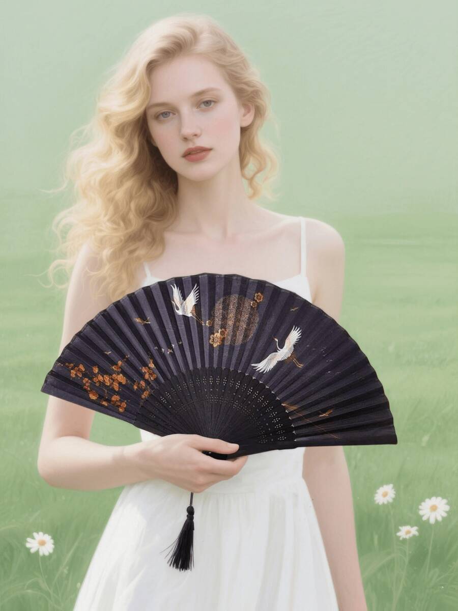 1pc Exquisite Chinese Style Fan With Embroidered Crane And Tassel - Perfect Gift With High Cost Performance And Excellent Quality - Bird - View 1
