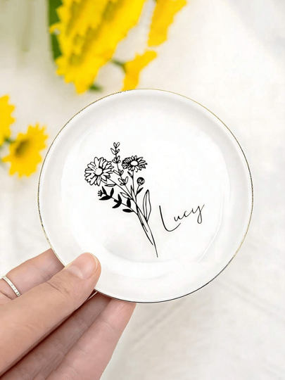 1PC Personalised Birth Flower Trinket Dish, Custom Birth Flower Jewelry Tray, Ceramic Jewelry Dish, Jewelry, Dish Tray For Women, Bridesmaid Gifts, Birthday Gifts For Women, Christmas Gifts For Women