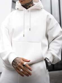 男士休闲时尚街头天使印花袋鼠口袋抽绳连帽衫，秋冬款 - 白色 - 查看 2