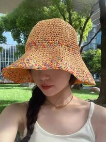 1 Peça Chapéu de Sol de Palha Dobrável Feminino - Aba Larga, Chapéu Balde Respirável, Leve para Férias de Verão, Praia, Atividades ao Ar Livre, Chapéu de Praia, Acessório de Viagem, Roupa de Praia Estilosa, Construção Durável, Amantes de Viagem, Essenciais de Férias