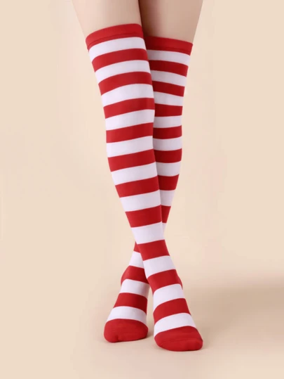 1/3/6 pares de calcetines muslo alto a rayas navideños, estilo festivo, adecuados para cosplay, cómodos y cálidos