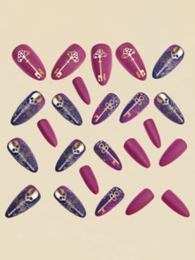 Halloween Nails Press On Nails Almond Halloween Mid-Length Almond-Shaped Nail Patches, Reddish-Brown Nail Patches, Golden Skull Key Pattern Fake Nail Patches, Detachable, 24 Pieces Nail Patches. Simple And Fashionable Nail Patches, Suitable For Wearing On Halloween. Beautiful Nail Art Is Also The Best Gift For Friends. High-End Nail Art Can Well Show The Charm Of Your Fingertips Nails Y2k Nails - Brown - View 3