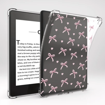 蝴蝶结图案透明保护壳适用于 7 英寸 Kindle Paperwhite 第 12 代 2024 / Kindle Colorsoft Signature Edition、6 英寸 Kindle 第 11 代 2024、6.8 英寸全新 Kindle Paperwhite 第 11 代 2021、6 英寸 Kindle 第 11 代 2022 发布，防摔，全覆盖闪亮透明保护壳，硅胶软壳，适用于 Kindle，轻巧保护