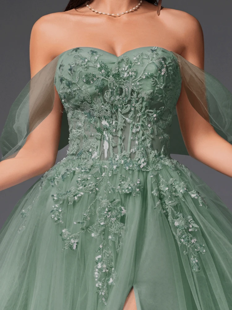 VIPGIRL Vestido de fiesta verde con hombros descubiertos de tul con aplicaciones, vestido de noche formal con corte en A y escote de corazón, vestido de bola de princesa para mujeres, graduación, gala, invitado de boda - Verde - Añade 11