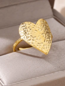 Exaggerated Big Heart-Shaped Adjustable Ring, 18k Gold Plated Stainless Steel Fashion Jewelry, Suitable For Daily Wear - Gold - View 10