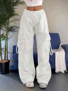 街头高腰翻盖口袋抽绳腰部弹性下摆褶饰休闲阔腿降落伞工装裤 Y2K 音乐节