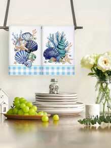2/4pcs 15.7*23.6INCH Christmas Ocean Theme Kitchen Towels, Beach Turtle Ocean Animal Hand Washing Dish Towels, Blue Shell Starfish Housewarming Gift Kitchen Cooking Decoration, Reusable,Fall Decor,Autumn Decor,Room Decor