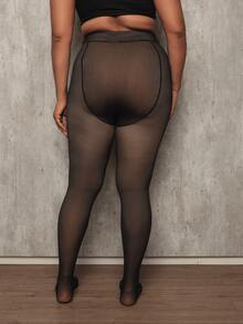 Plus Size 48 To 54 3XL Thermal Plush Pantyhose Lined Translucent Warm Fleece Women's - 黑色 - 查看 7