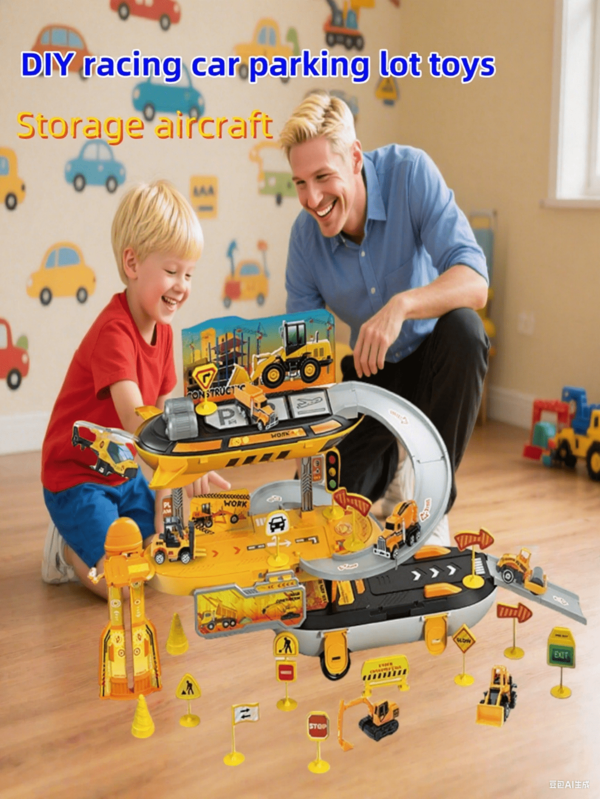 50 piezas Pista de carreras y vehículos de construcción DIY, Juguete de estacionamiento y pista multifuncional, Avión de almacenamiento de escena interactiva para padres e hijos, Regalo de vuelta a clases, Regalo de cumpleaños para niños y niñas, Regalo de Halloween