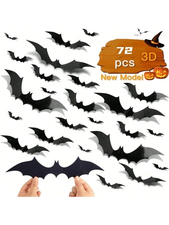 72/120 件万圣节蝙蝠装饰，4 种不同尺寸 3D 黑色 PVC 蝙蝠贴纸，适用于家居装饰、DIY 墙贴、室内装饰和万圣节派对用品