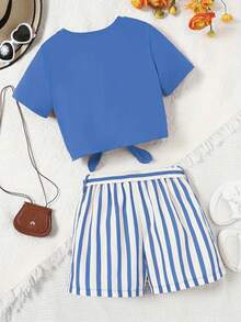 2pcs/Set Girl/Girls Casual Daily Graphic T-Shirt & Striped Printed Shorts Set, With Random Striped Belt - Blue - View 2