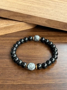 1pc Natural Style Obsidian Volcanic Stone Beaded Bracelet, Protects Your Aura From Negative Energy, Suitable For Men's Daily Wear, Perfect Gift For Friends