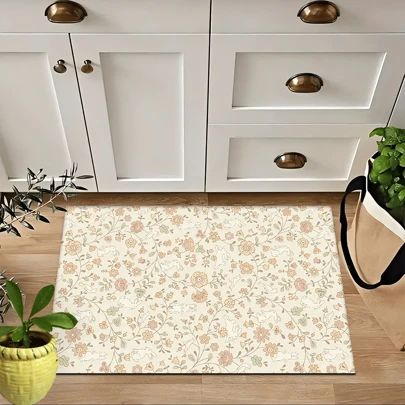 1pc Vintage Floral Pattern Printed Doormat, Silica Gel Kitchen Carpet, Kitchen Mat, Rug, 3D Printed Rectangle, Suitable For Living Room, Bedroom, Hallway, Bathroom, Laundry Room - Polyester Carpet, For Indoor And Outdoor Home Decor