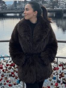 GDDYIN Winter New Year Imitation Fur Coat, Big Collar, Fluffy Waist, Heart-Shaped Buckle Design, Lazy Style Faux Fur Coat - Mocha Brown - View 10