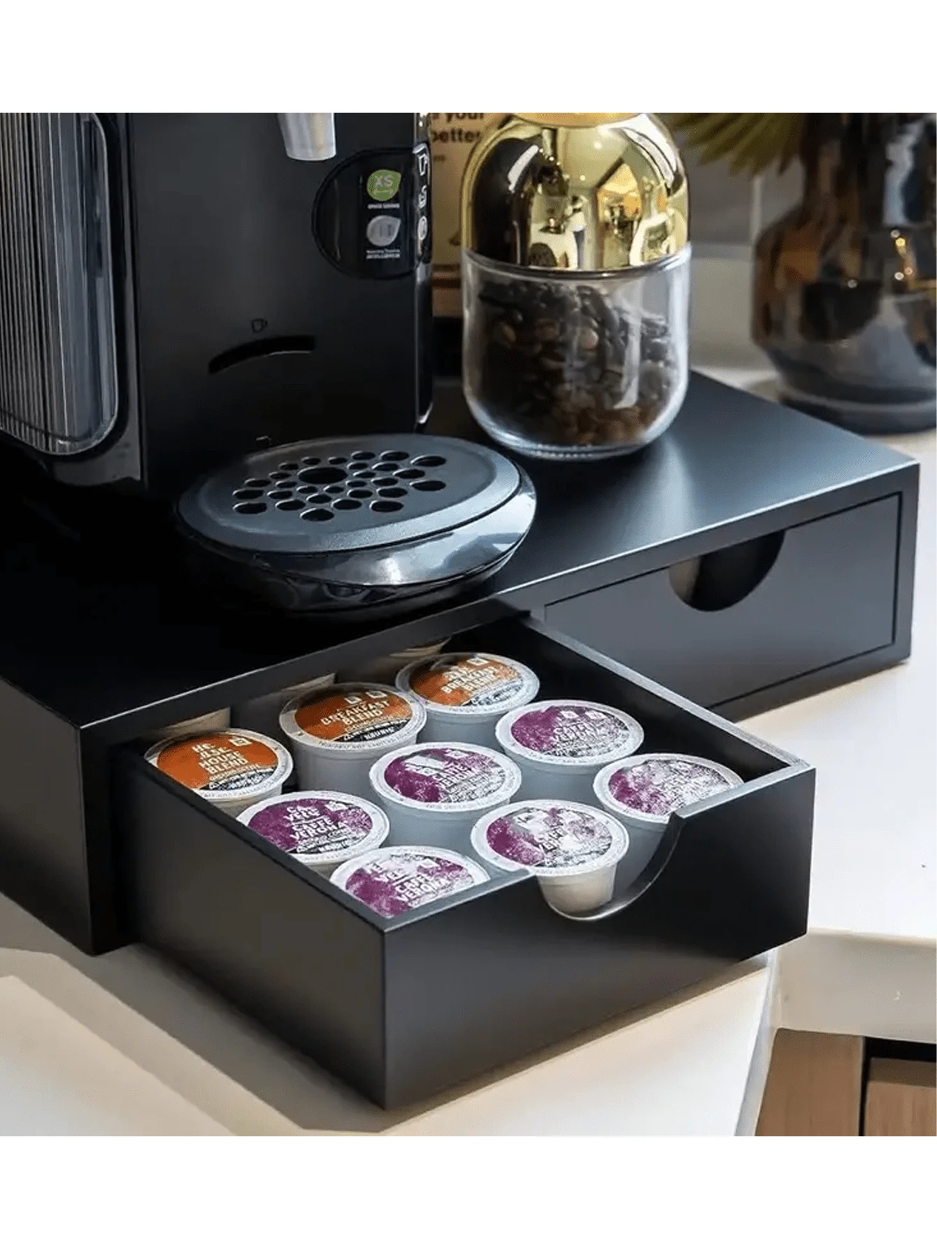 Caja de almacenamiento de madera para 30 cápsulas de café, organizador de cápsulas de café y hojas de té, soporte para cafetera, caja de almacenamiento con cajón debajo de la cafetera - Multicolor - Ver 1