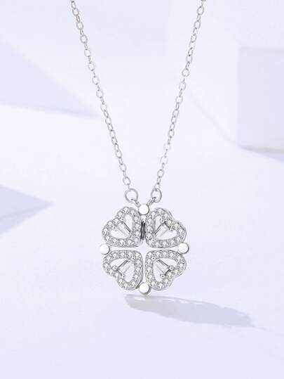 Heart Shaped Four Leaf Clover Pendant Necklace 925 Silver Jewelry Zirconia Women Love Clavicle Chain Gifts Openable Choker Jewelry