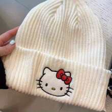 3pcs Sanrio Hello Kitty Knitted Beanie Hat, Cute Embroidered Warm Headwear For Autumn/Winter
