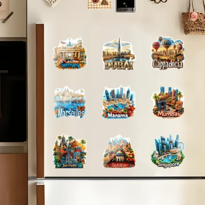 1 件 2D 城市景观冰箱贴 - 适合在节日赠送朋友，多个亚克力和橡胶软磁铁适用于金属门、冰箱、储物柜 - 适合旅行爱好者、毕业典礼、周年纪念日、圣诞节、感恩节、冰箱贴的创意家居装饰礼物