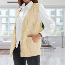 Women Knit Sweater Vest V Neck Sleeveless Cardigan Button Down Pocket Outwear Top