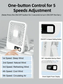 5-Speed 180° Adjustable Desktop Fan: Converts To Hanging Mode With Ultra-Quiet Operation & USB Rechargeable Power. Provides Multi-Directional Cooling For Offices, Dorms, Bedrooms & Outdoor Spaces. Ideal For Working Professionals & Light Sleepers Seeking Versatile Climate Control. - 彩色 - 查看 6