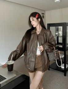 Chaqueta cálida a prueba de viento de moda, informal, para fiestas, de color sólido, para otoño e invierno, estilo con cremallera y bolsillos, ropa de moda vanguardista, chaqueta holgada retro americana, chaqueta de moto de PU - Marrón - Ver 2