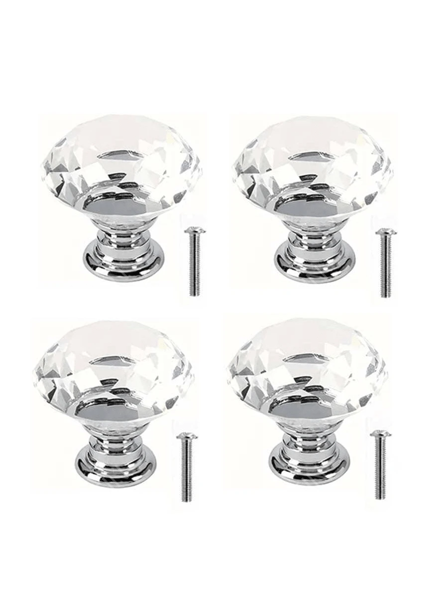 4pcs Diamond Crystal Glass Cabinet Drawer Knobs, Wardrobe Door Hardware - Clear - View 1