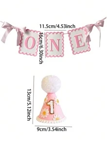 1pc First Birthday Hat With Pink Brown Flag - Girl's First Birthday Decoration, Cake Smashing Sparkling Cone Hat, Original Color Party Hat, Sweet First Birthday Photo Promotion For Little Princess, Suitable For Baby Showers, Baby Theme Parties - Multicolor - View 2