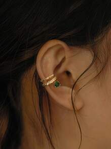 1 件绿色锆石蛇形耳夹耳环，时尚优雅的独特设计高端耳环适合日常佩戴、派对和聚会