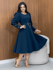 Minimalist Plain Long Sleeve Godet Midi Dress With Elegant Belt And Puff Sleeves - 藏蓝色 - 查看 1