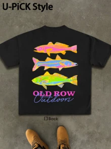 [100% Cotton Graphic T-Shirt] 100% Cotton Graphic T-Shirt For Men -OLD ROW Outdoors Colorful Fish Trio | CasualCrew Neck, Machine Washable, All-Season Comfort,  Sports Tshirt | Humorous Graphic Tee | Cotton Fabric, CottoT Shirts - 黑色 - 查看 3