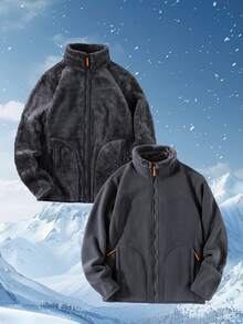 1pc Men's Reversible Fleece Sweatshirt, Casual Warm Versatile Jacket , Fall Winter - Dark Grey - View 2