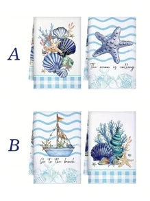 2/4pcs 15.7*23.6INCH Christmas Ocean Theme Kitchen Towels, Beach Turtle Ocean Animal Hand Washing Dish Towels, Blue Shell Starfish Housewarming Gift Kitchen Cooking Decoration, Reusable,Fall Decor,Autumn Decor,Room Decor