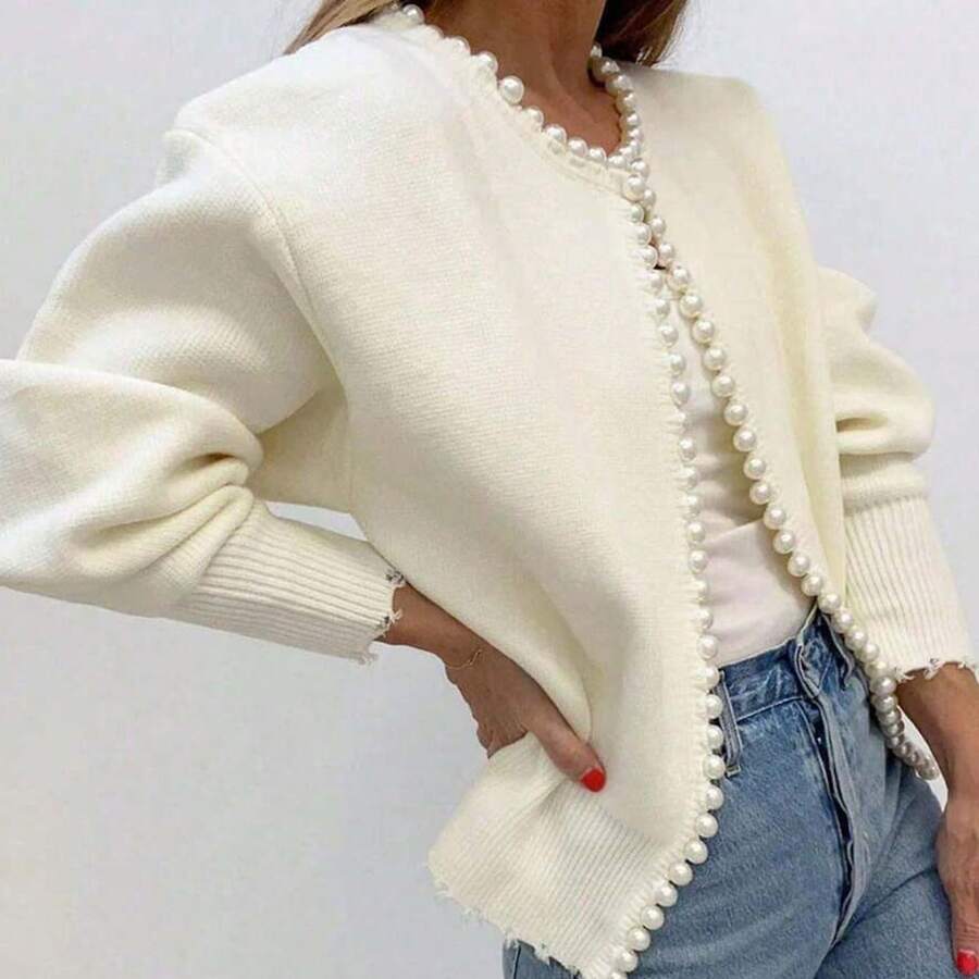 A Small  Pearl Rimmed Collar Knitted Wool Cardigan Shirt For A Lady's Casual Outing - trắng - Xem 1