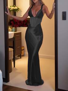 女士黑色优雅裹臀长裙，适合新年、情人节、婚礼季及其他场合 - 黑色 - 查看 6