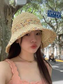 1 Peça Chapéu de Sol de Palha Dobrável Feminino - Aba Larga, Chapéu Balde Respirável, Leve para Férias de Verão, Praia, Atividades ao Ar Livre, Chapéu de Praia, Acessório de Viagem, Roupa de Praia Estilosa, Construção Durável, Amantes de Viagem, Essenciais de Férias