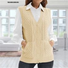 Women Knit Sweater Vest V Neck Sleeveless Cardigan Button Down Pocket Outwear Top